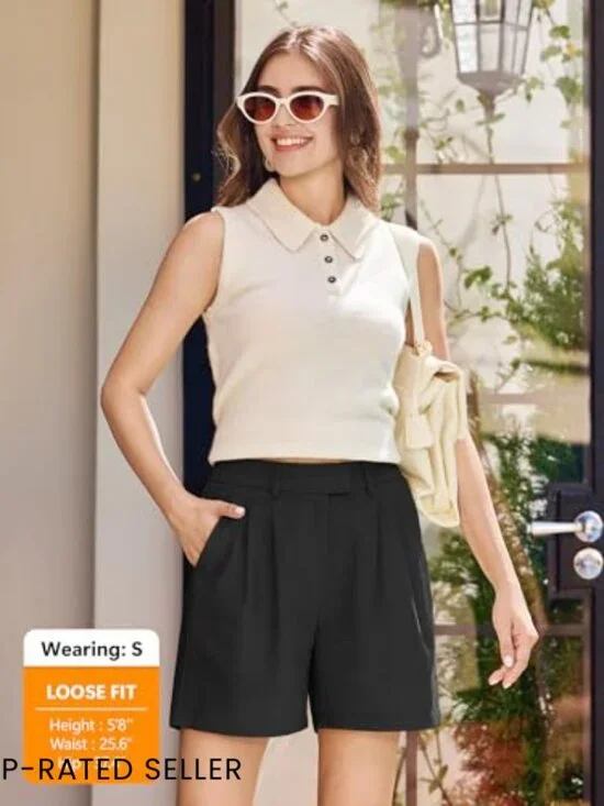 Linen-Blend Pleated Shorts Relaxed Fit Elastic Waist Elegant Business Casual - Picture 6 of 7